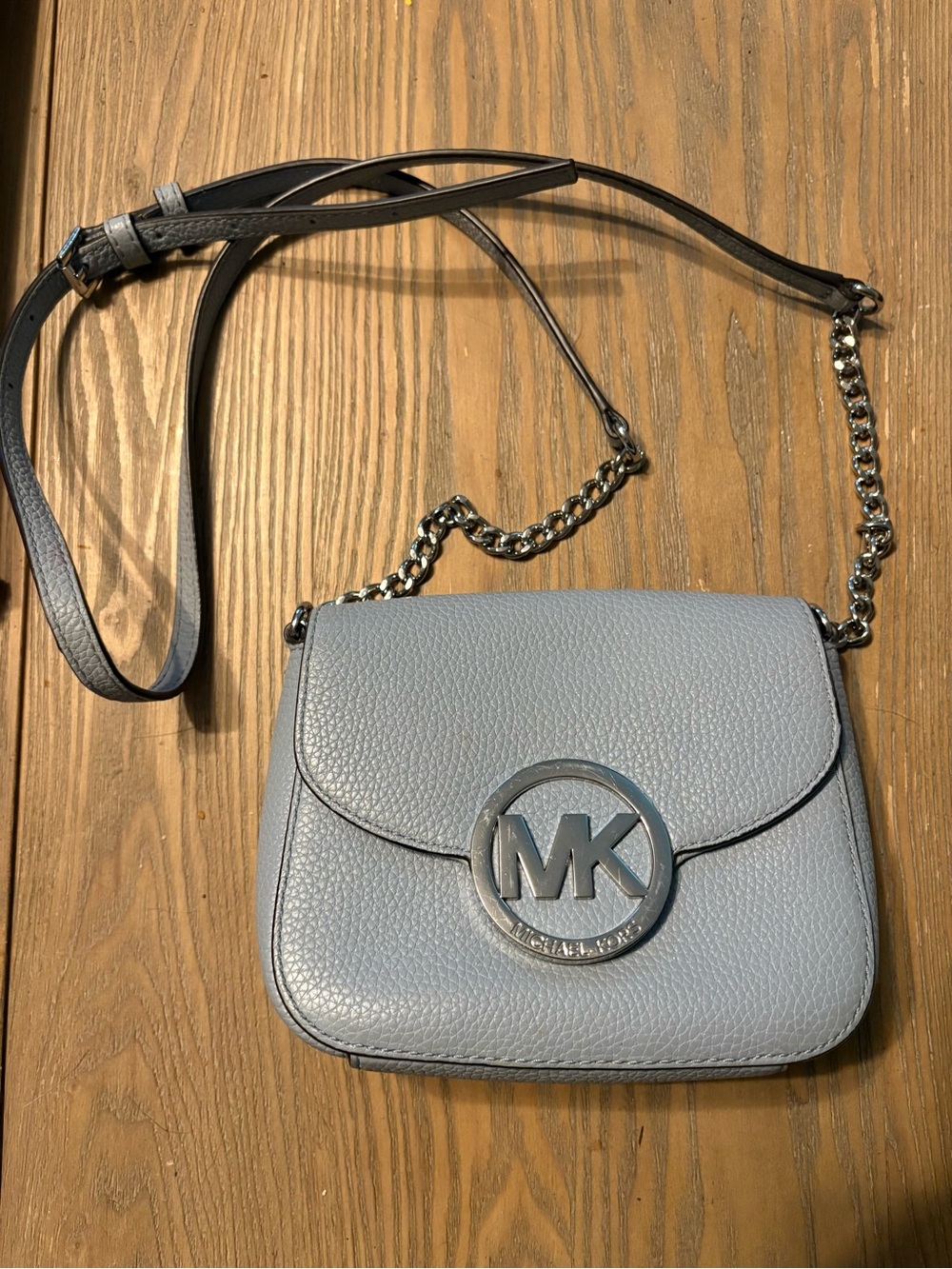 Michael Kors Light Blue Pebbled Leather Crossbody with Silver MK Logo